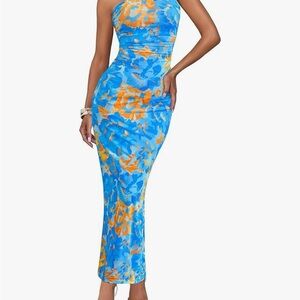 Elegant BTFBM Strapless Floral Dress in Blue and Orange